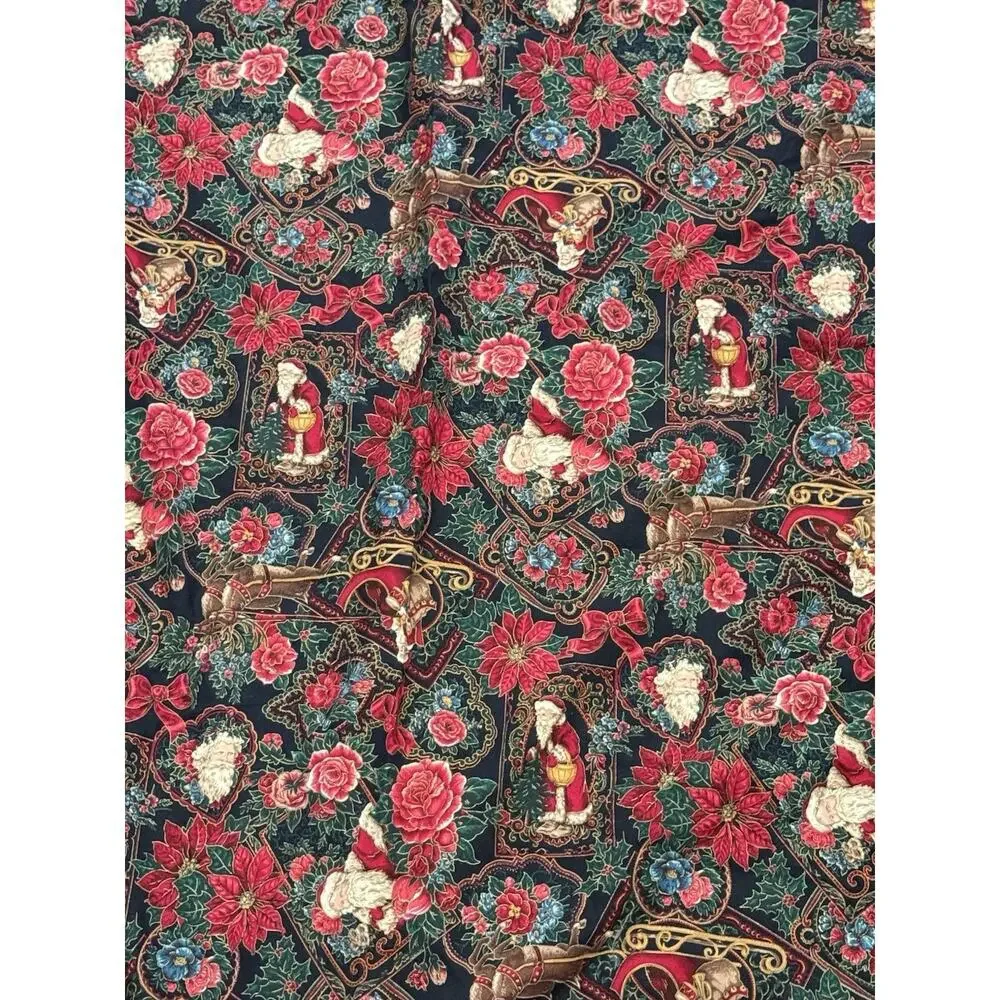 Vintage Christmas Skirt Tablecloth Round Ruffle Cotton 45” Red Print Victorian
